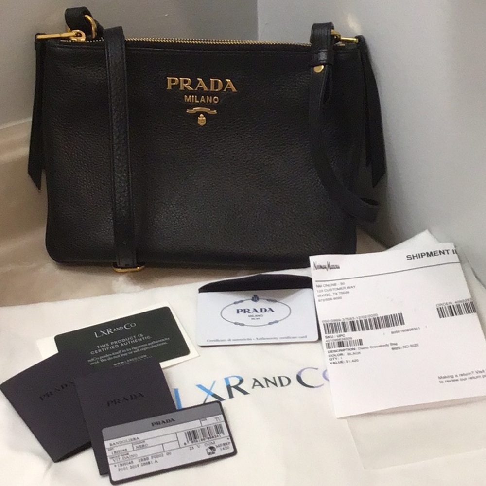 Prada BANDOLIERA soft Black Leather Crossbody w/Gold-Tone Logo double zip top.